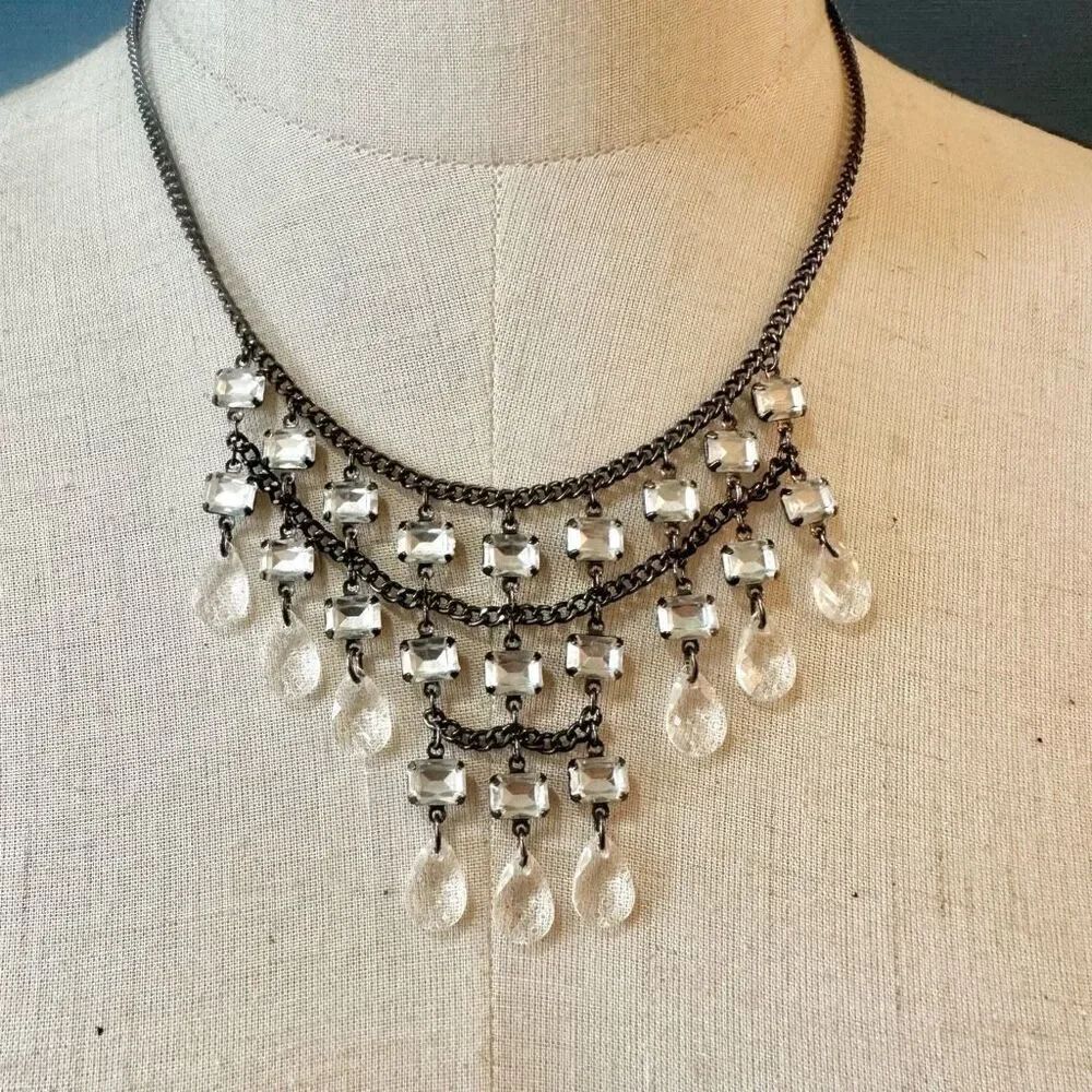 Grey and clear beaded teardrop statement necklace